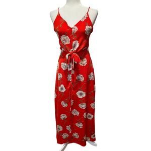 Lush Red Floral Maxi Dress Sz S Strappy High Slit Lined Front Waist Tie Flirty